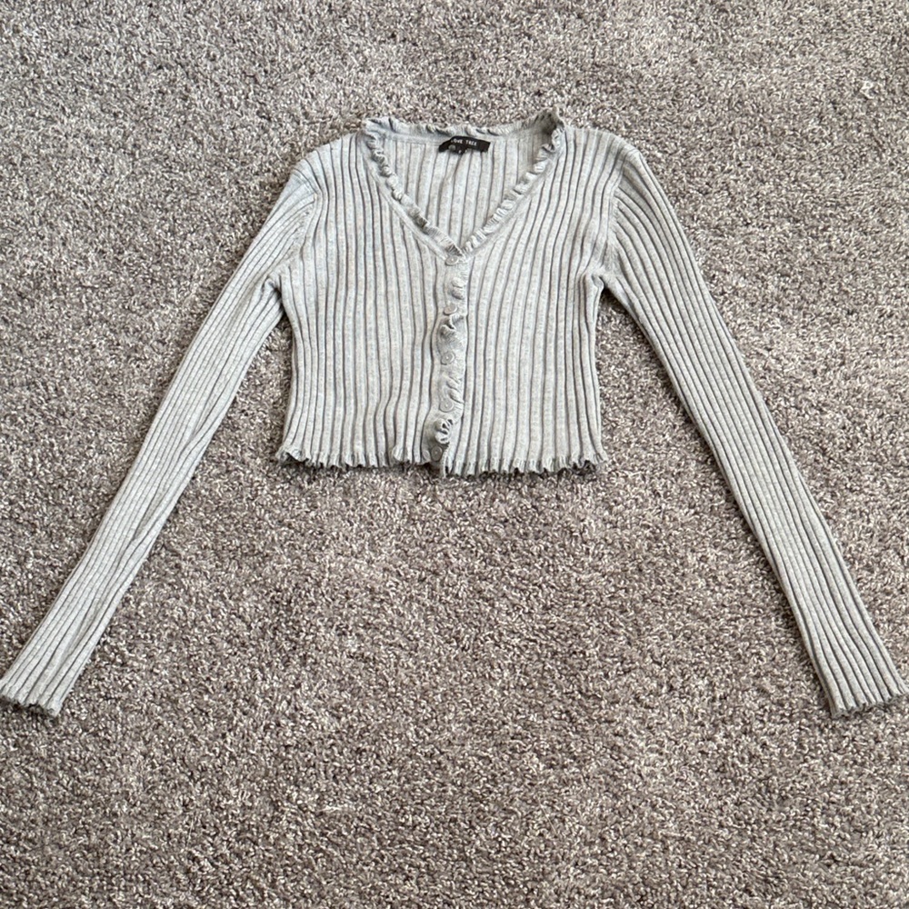Gray Ribbed V-Neck Button-Up Women's Top